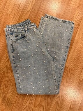 Pearl-Embellished Light Blue Women's Jeans